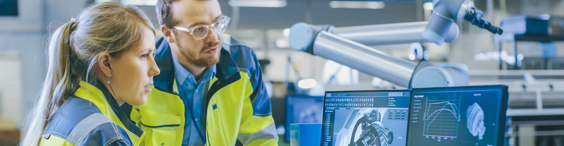 Bild: Frau und Mann betrachten auf einem Bildschirm eine Konstruktion (Engineering)